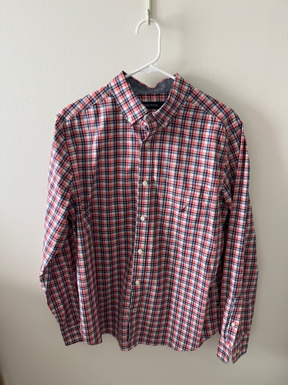 Nautica Men’s Red, Blue and White Plaid Button-Down Shirt